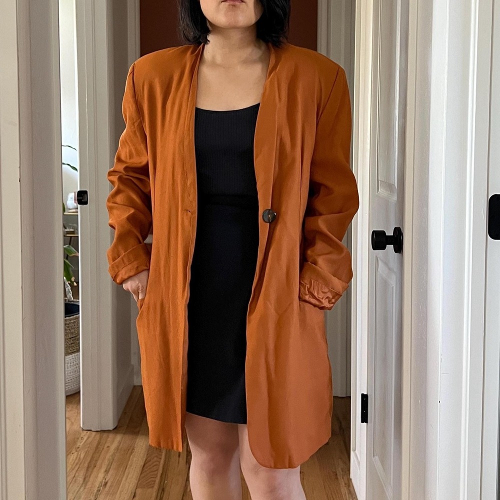 Vintage 90s orange long Rayon blazer oversized classic minimalist large office - Picture 3 of 15